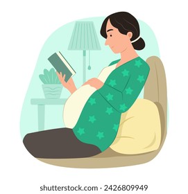 Pregnant Woman Reading a Book and Sitting on Sofa for Relaxing in Living Room