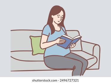 Pregnant Woman Reading a Book and Sitting on Sofa for Relaxing in Living Room. Hand drawn style vector design illustrations.