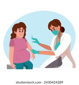 Pregnant woman receiving vaccine. Nurse with mask giving injection to Pregnant woman flat vector illustration. Pregnancy, coronavirus, vaccination concept for banner or landing web page.