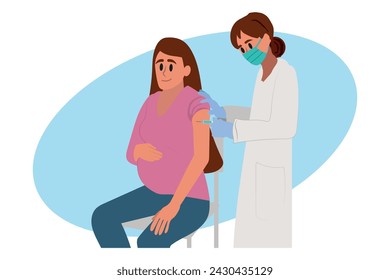Pregnant woman receiving vaccine. Nurse with mask giving injection to Pregnant woman flat vector illustration. Pregnancy, coronavirus, vaccination concept for banner or landing web page.