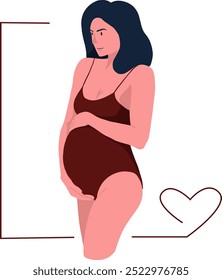 Uma mulher grávida de traje vermelho segura ternamente sua barriga. Conceito para cartão ou cartaz. Ilustração de vetor de desenho animado plano.