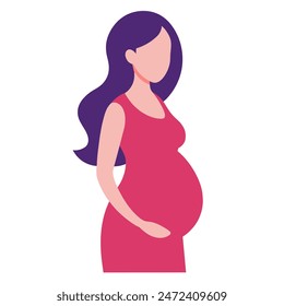 Pregnant woman in a red dress gently holding her belly