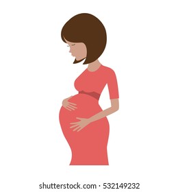 Pregnant woman in red dress isolated on white. Vector illustration.