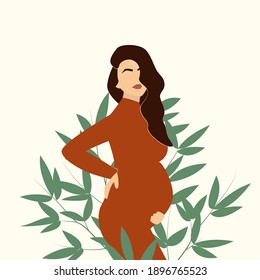 Mujer embarazada con un vestido en la naturaleza con hojas en el fondo. Ilustración vectorial de concepto en un estilo mínimo. Retrato femenino abstracto. EPS 10.