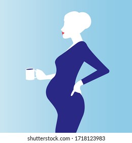 Pregnant woman in red dress on blue background. Vector illustration.