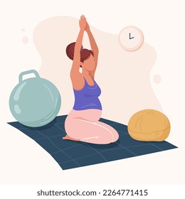 A pregnant woman with red hair is doing exercises, sitting on the floor on a mat. Concept of yoga, meditation, sports, health, care, pregnancy. Flat vector illustration.