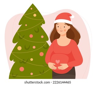 Una mujer embarazada con un sombrero rojo de claus de santa parada cerca del árbol de Navidad. Primera Navidad con un bebé. Ilustración plana de Veс.