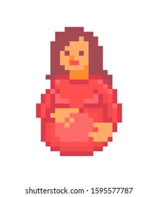 Pregnant woman in a red shirt touching her big belly, pixel art character isolated on white background. Girl expecting a baby, 8 bit icon. Old school vintage retro slot machine/video game graphics. 