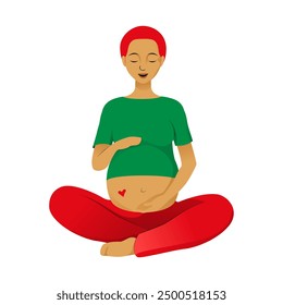 Pregnant woman with red short hair sitting cross-legged, meditating with a small heart symbol on her belly