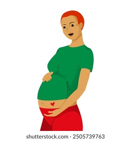 Pregnant woman with red short hair and jeans tenderly holds her belly with heart on it with a happy smile