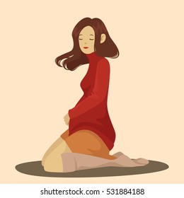 Pregnant woman in red sweater, orange skirt and long socks sitting. She has a smile on his face. Expectation. Childbirth. Pregnancy. Vector illustration