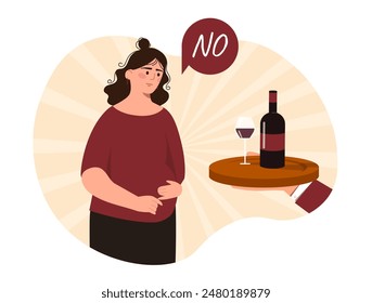 Pregnant woman refuse alcohol. Young girl near sommelier with wine and glass. Give up bad habits. Future mother with healthy lifestyle. Cartoon flat vector illustration isolated on white background