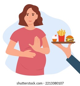 La mujer embarazada rechaza la comida rápida.  Comidas poco saludables, grasas, de alto calorías. Dieta y estilo de vida saludable. Ilustración del vector