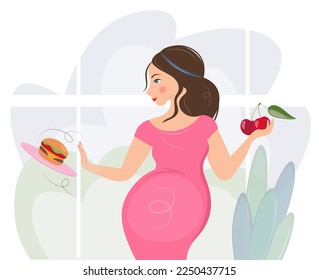 A pregnant woman refuses a hamburger in favor of cherries. No fast food. Only a healthy diet for an unborn baby. Vector flat isolated illustration. The concept of healthy eating, safe pregnancy.