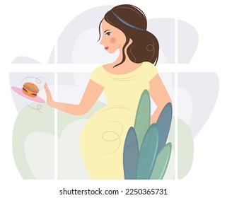 A pregnant woman refuses a hamburger. No fast food. Unhealthy, fatty, high-calorie food. Diet and healthy lifestyle. Vector flat isolated illustration. The concept of healthy eating, safe pregnancy.