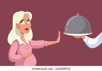 
Pregnant Woman Refusing Meal Course Vector Cartoon Illustration. Mother to be skipping meal duet to nausea and food restrictions
