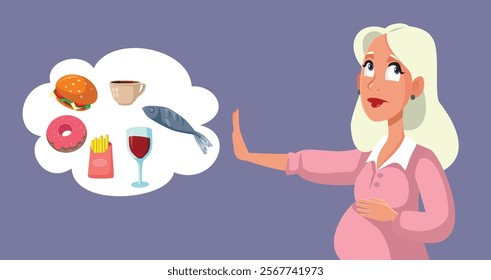 
Pregnant Woman Refusing Risky Food in Pregnancy Vector Illustration. Mother to maintain proper nutrition during pregnancy 

