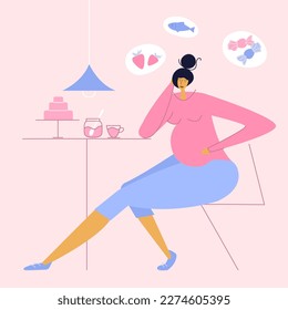 The pregnant woman relax and daydream about sweets. She has got INCREASED APPETITE DURING PREGNANCY. New mom  hungry, has discomfort, distress during pregnancy.