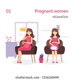 Pregnant woman relaxation. Pregnant lady is sitting in armchair with cat, talking with her friend, resting.