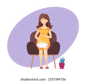 Pregnant woman relaxation. Pregnant lady is sitting in an armchair with cat, resting cartoon vector illustration