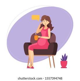 Pregnant woman relaxation. Pregnant lady is sitting in an armchair, talking with her friend, resting cartoon vector illustration