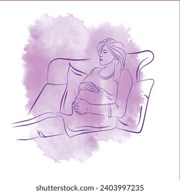 A pregnant woman relaxing in the bed. female relaxing on bed and stretching with good mood. Future mother enjoying pregnancy. woman sitting and holding hands on her stomach.