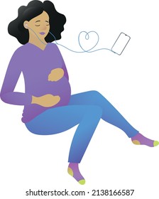 Pregnant woman relaxing with headphones on cellphone floating