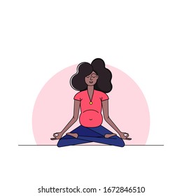 Pregnant woman relaxing, meditating in lotus pose. Young dark-skinned pretty pregnant woman with fluffy dark hair leading a healthy lifestyle. Yoga in pregnancy. Vector illustration isolated on white