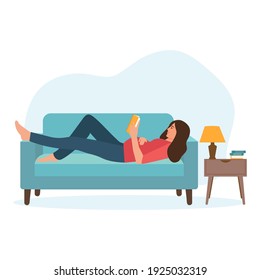 Pregnant woman rest at home. The beautiful woman lying on the couch and reading a book. Vector illustration