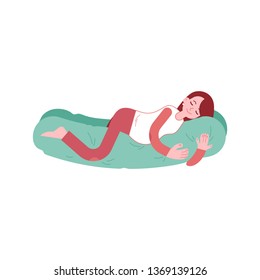 Pregnant woman resting on pregnancy pillow in flat vector illustration - smiling young future mother with big bump relaxing on soft and comfortable maternity accessory isolated on white background.