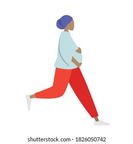 A pregnant woman is running in hurry, colorful human illustrations on white background, woman illustration