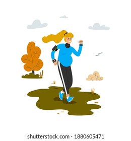 A pregnant woman is running in the park in the fall. Woman doing sports. Vector flat illustration. 