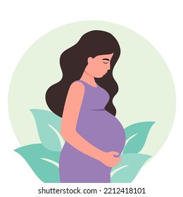 Pregnant woman with sad face in flat design side view.