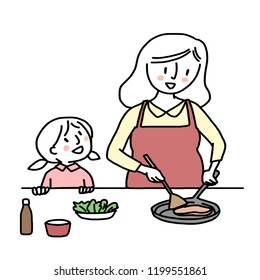 Pregnant woman sauteing food in a pan and her child want to help cooking meal excitedly. Mom and kid spending cooking time together. Happy family theme with mother and daughter cooking food together.