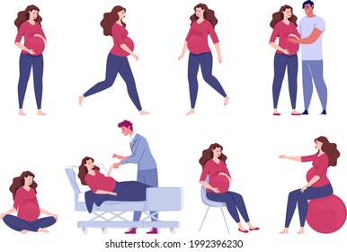 Pregnant woman. Seeing a doctor, walking, exercise with a ball, meditation, sitting relaxation. A loving husband hugs his pregnant wife and holds his hand on his stomach. Vector. illustration.