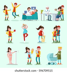 Pregnant woman set in different situations during pregnancy to child birth in flat style isolated vector illustration