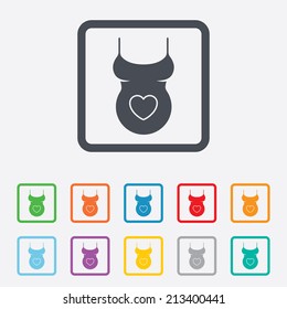 Pregnant woman shirt sign icon. Maternity with heart symbol Round squares buttons with frame. Vector