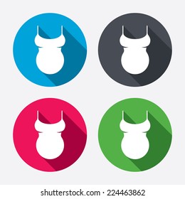 Pregnant woman shirt sign icon. Maternity symbol Circle buttons with long shadow. 4 icons set. Vector
