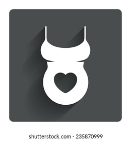Pregnant woman shirt sign icon. Maternity with heart symbol Gray flat square button with shadow. Modern UI website navigation. Vector