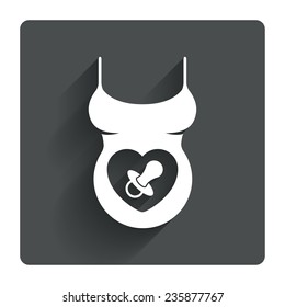 Pregnant woman shirt sign icon. Baby on board with dummy. Maternity symbol Gray flat square button with shadow. Modern UI website navigation. Vector