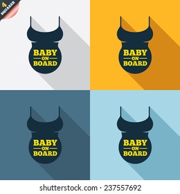 Pregnant woman shirt sign icon. Baby on board. Maternity symbol Four squares. Colored Flat design buttons. Vector