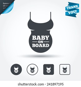 Pregnant woman shirt sign icon. Baby on board. Maternity symbol Circle and square buttons. Flat design set. Thank you ribbon. Vector