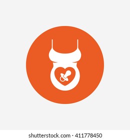 Pregnant woman shirt sign icon. Baby on board with dummy. Maternity symbol Orange circle button with icon. Vector