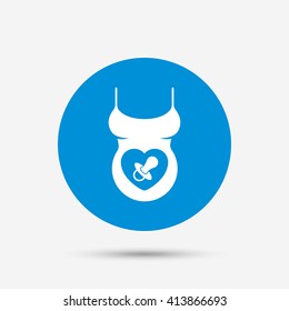 Pregnant woman shirt sign icon. Baby on board with dummy. Maternity symbol Blue circle button with icon. Vector