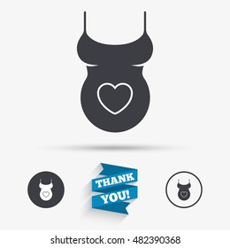 Pregnant woman shirt sign icon. Maternity with heart symbol Flat icons. Buttons with icons. Thank you ribbon. Vector