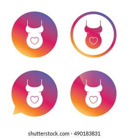 Pregnant woman shirt sign icon. Maternity with heart symbol Gradient buttons with flat icon. Speech bubble sign. Vector