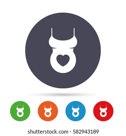 Pregnant woman shirt sign icon. Maternity with heart symbol Round colourful buttons with flat icons. Vector