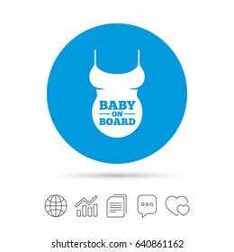 Pregnant woman shirt sign icon. Baby on board. Maternity symbol Copy files, chat speech bubble and chart web icons. Vector