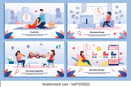 Pregnant Woman Shopping for Baby, Eating Disorder, Hormonal Changes, Trendy Flat Vector Banner, Poster Set. Lady Going on Picnic, Feels Sweaty, Eating Unhealthy Food, Buying Pram for Baby Illustration