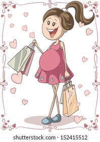 Pregnant Woman with Shopping Bags - Vector hand-drawn cartoon illustration of a pregnant young woman with shopping bags. Cute character with swirl page borders perfect for cards or invitations.  